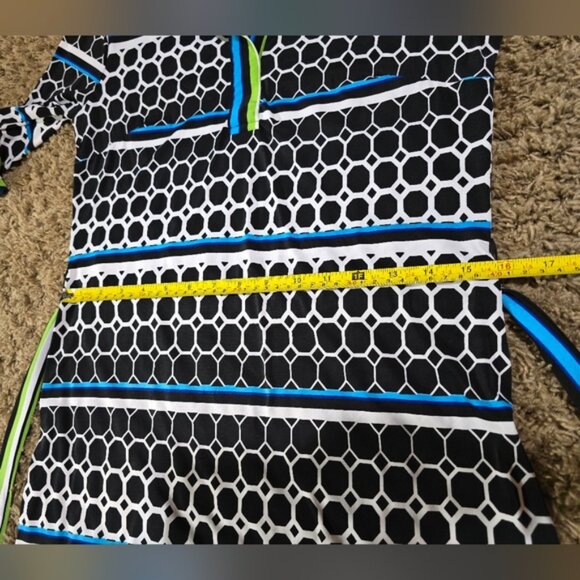 "Mlle Gabrielle" Dress, Stylish Black, Blue, Green And White Patterned Dress - Picture 15 of 16